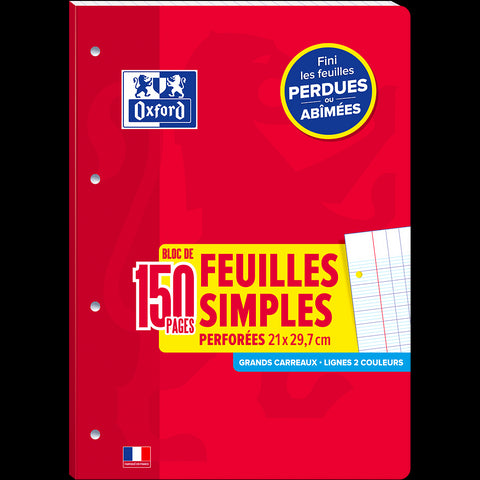 Bloc de Feuilles Simples OXFORD # A4 - Grands carreaux Seyès - 150 pages perforées collées côté