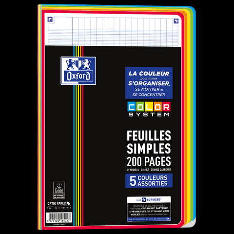 Feuilles Simples COLOR SYSTEM OXFORD # 200 pages A4 perforées - grands carreaux - 5 couleurs de cadres