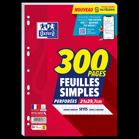 Feuilles Simples OXFORD # A4 perforées - 300 pages - grands carreaux - compatible Scribzee