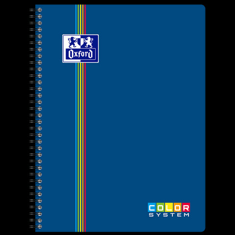 Cahier à spirales COLOR SYSTEM OXFORD # Couverture polypro souple coloris Bleu - 180 pages A4 détachables - grands carreaux - 5 couleurs de cadres