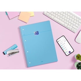 OXFORD Cahier à spirales Smart # A4+ - Grands carreaux - 160 pages détachables - Couverture cartonnée souple - Compatible Scribzee - Bleu pastel