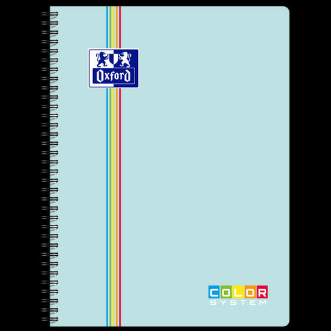Cahier à spirales COLOR SYSTEM OXFORD # Couverture polypro souple coloris Aqua - 180 pages A4 détachables - grands carreaux - 5 couleurs de cadres