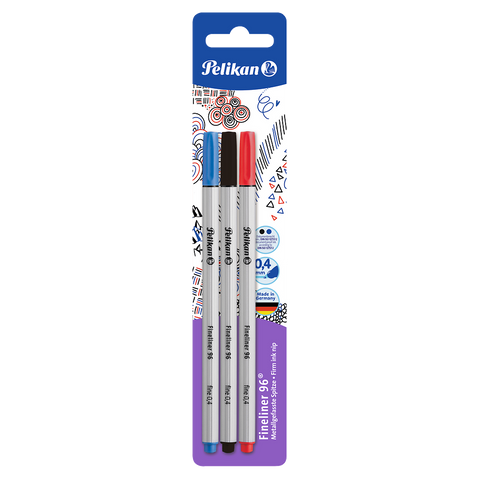 Pochette de 3 stylos-feutres PELIKAN Fineliner 96 - Coloris assortis bleu-noir-rouge