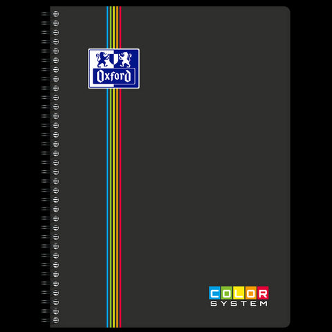 Cahier à spirales COLOR SYSTEM OXFORD # Couverture polypro souple coloris Noir - 180 pages A4 détachables - grands carreaux - 5 couleurs de cadres
