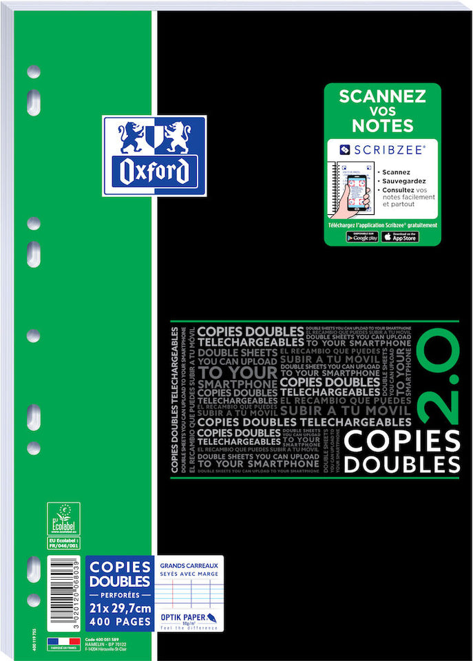 Copies Doubles OXFORD # A4 perforées - 400 pages - grands carreaux - c