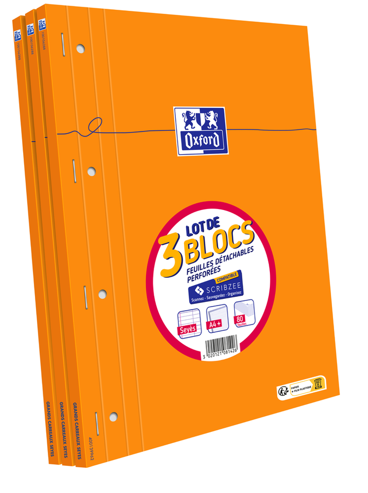 OXFORD Lot de 5 Bloc-Notes A4+ (21x31,5cm) Perforés Grands Carreaux Seyès  160 Feuilles Agrafées Couverture Carte Orange